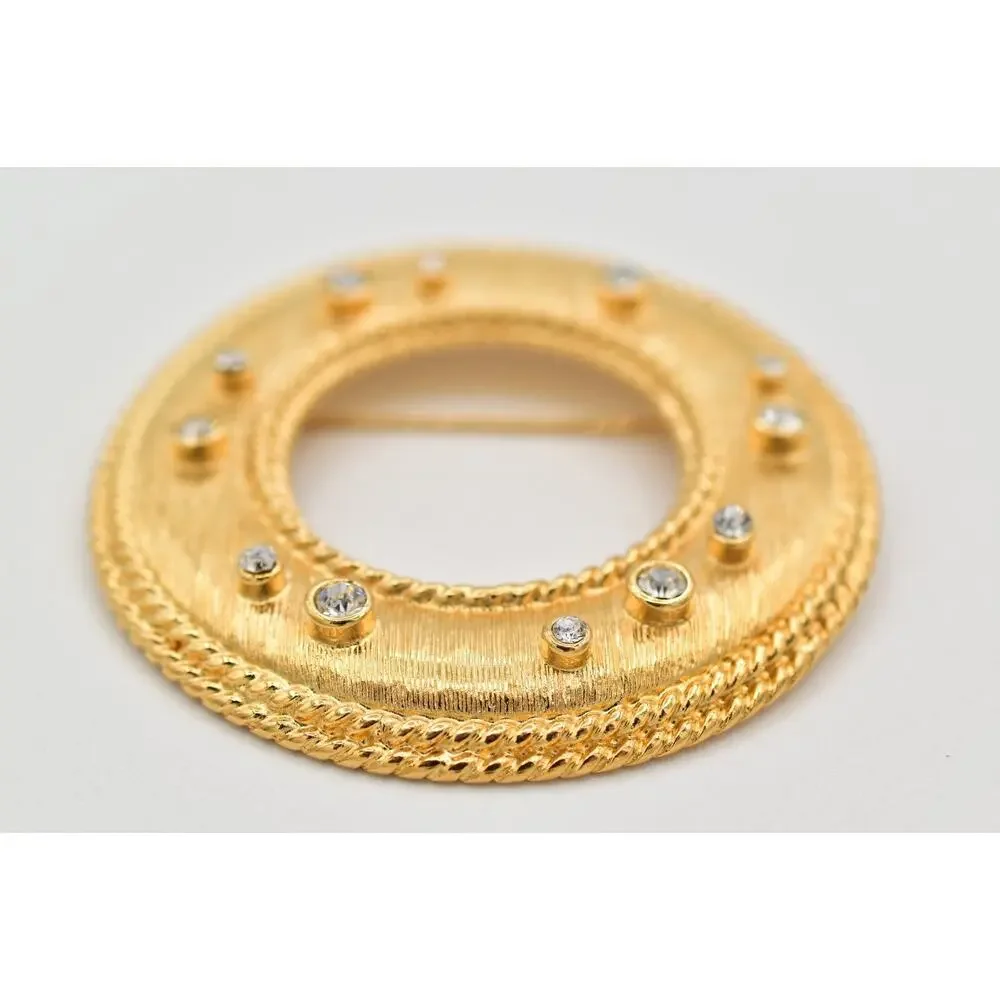 Vintage Chunky Round Pin Brooch Textured Matte Rhinestone Crystal Heavy 1980s 9B